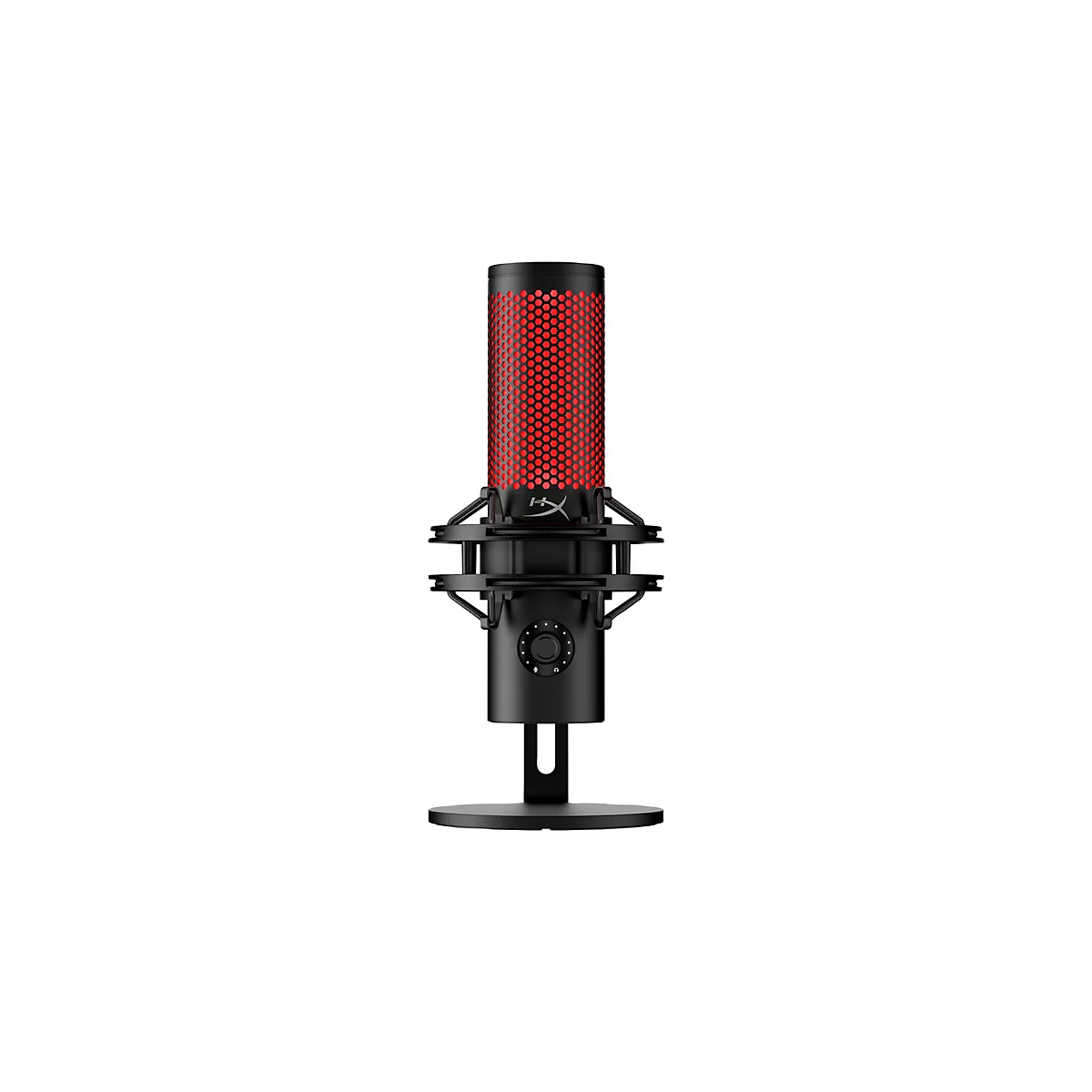 Un microphone noir avec un design de grille rouge, sur une base ronde. Le texte 'HX' est visible sur le microphone.
