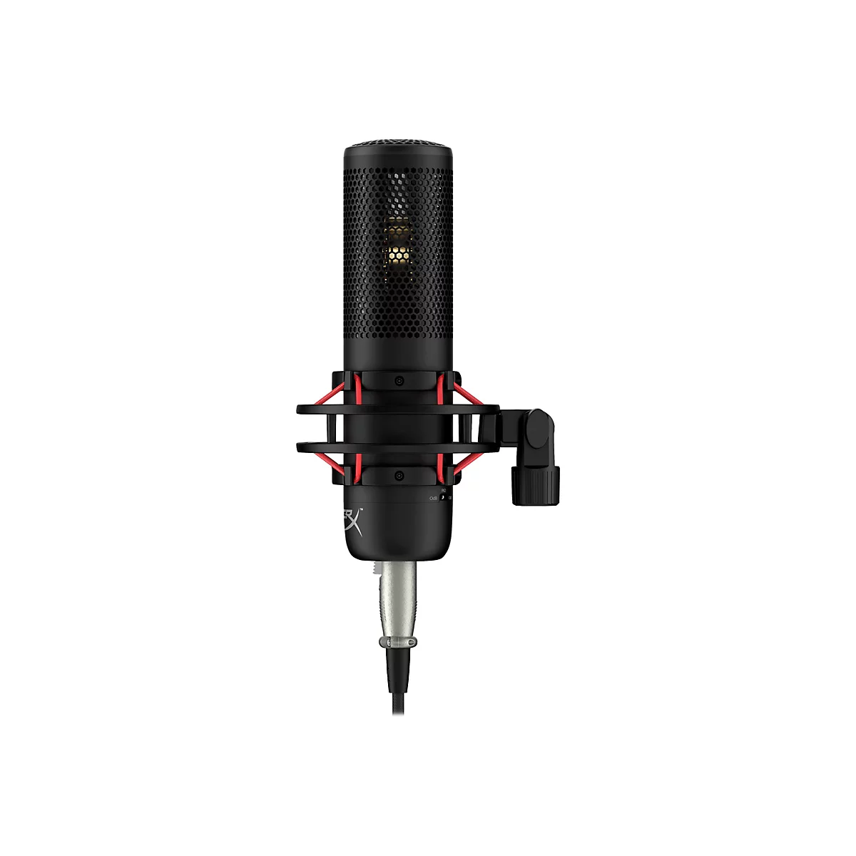 Microphone noir avec support rouge sur fond blanc. La tête du microphone a un motif en nid d'abeille. En dessous se trouve le logo du fabricant.