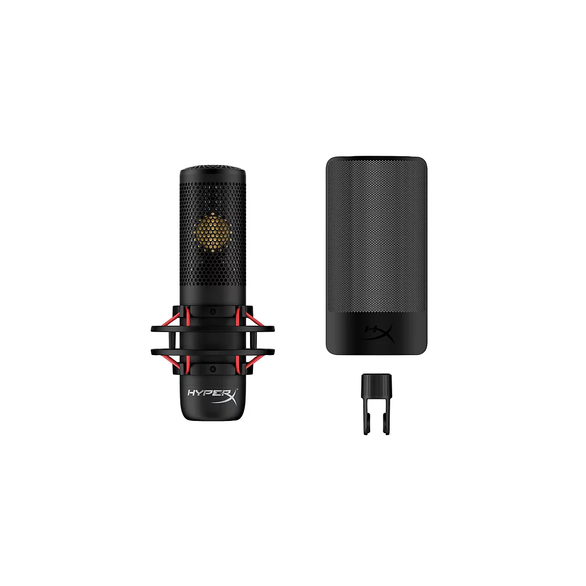 Microphone noir avec support rouge et accessoires sur fond blanc.