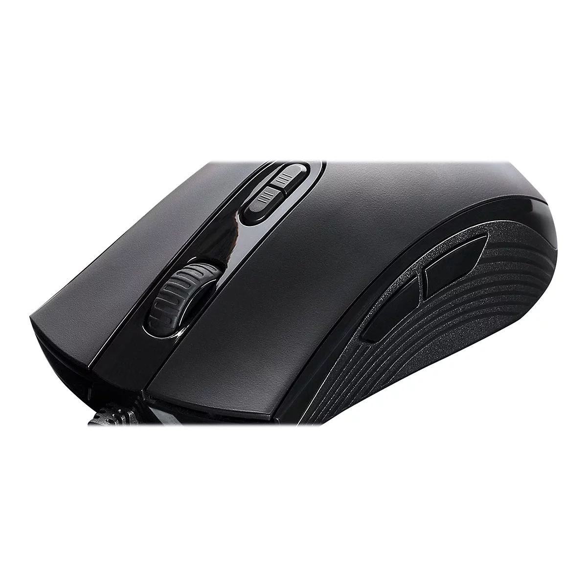 Schwarze Computermaus mit Scrollrad und Zusatztasten.