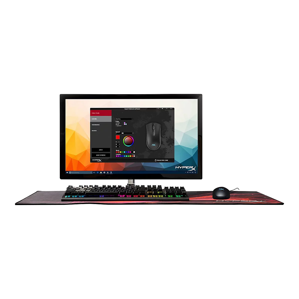 Ein Computerarbeitsplatz mit Monitor, Tastatur, Maus und Mauspad. Der Bildschirm zeigt eine Konfigurationssoftware fÃ¼r die Maus.
