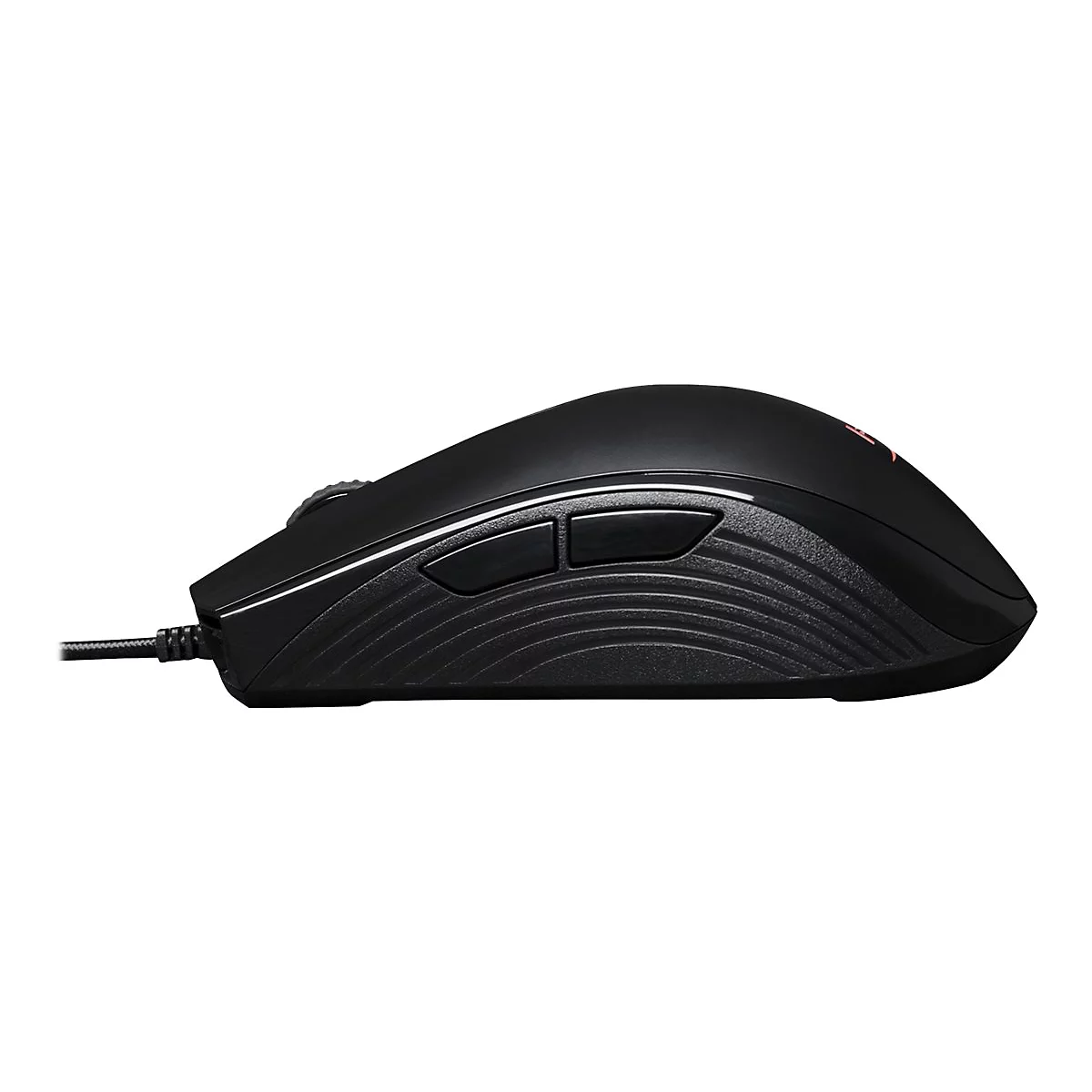 Schwarze Gaming-Maus, seitlich betrachtet, mit zwei Seitentasten, geriffeltem GehÃ¤use und Kabel.