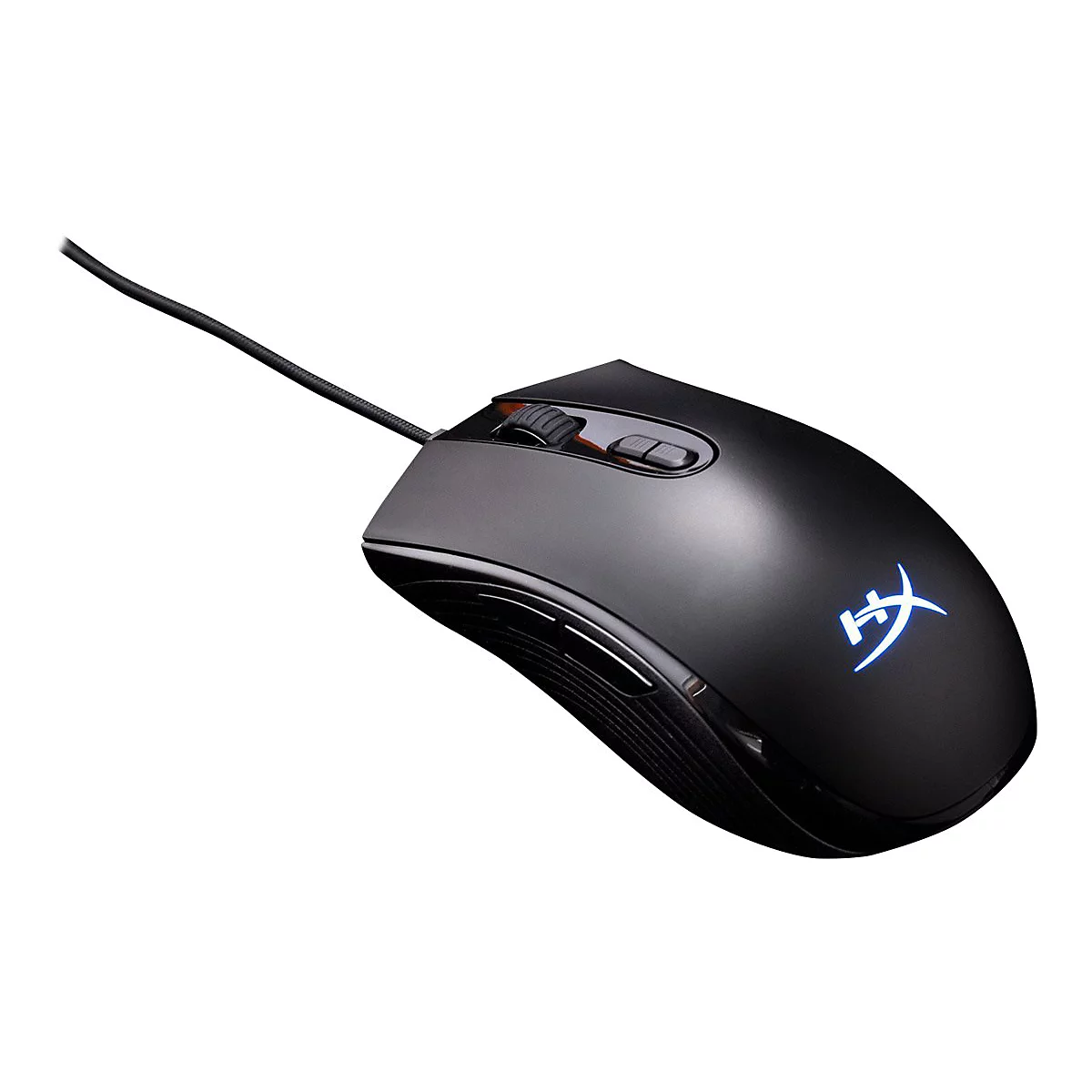 Schwarze Gaming-Maus mit Kabel, HyperX-Logo.