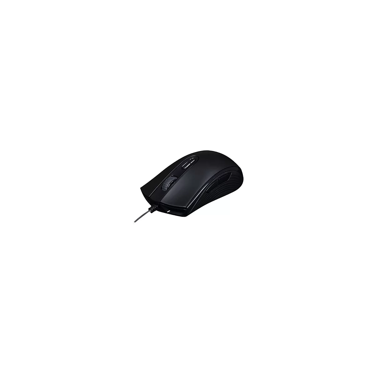Schwarze Computermaus mit Kabel. Oben ein Scrollrad, zwei Seitentasten und zwei Zusatztasten.