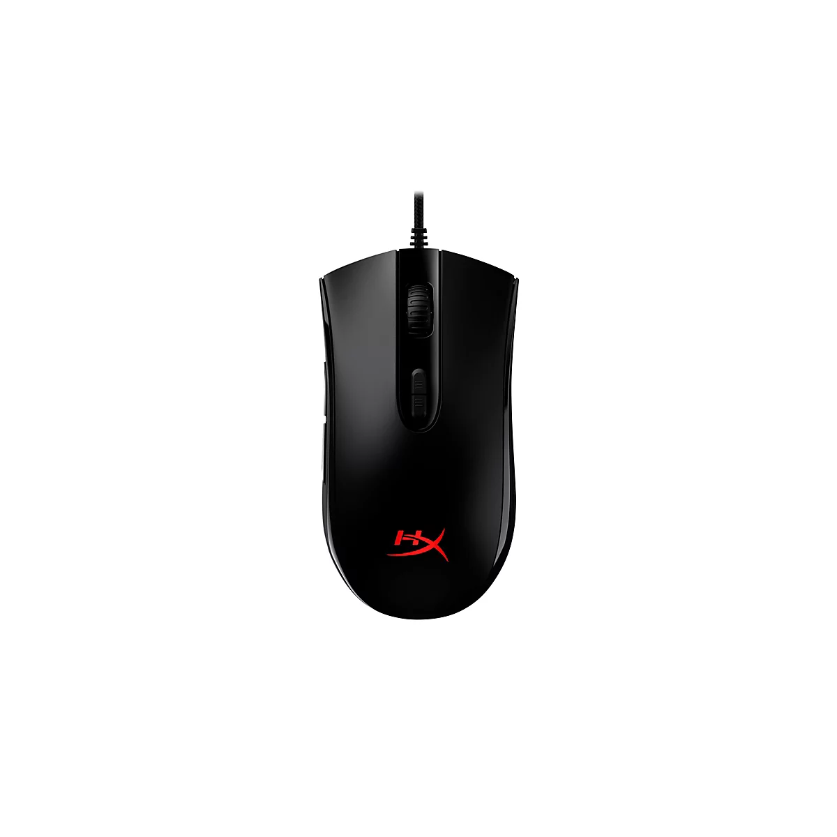 Souris de jeu noire avec le logo HyperX rouge. Le câble est fixé en haut.