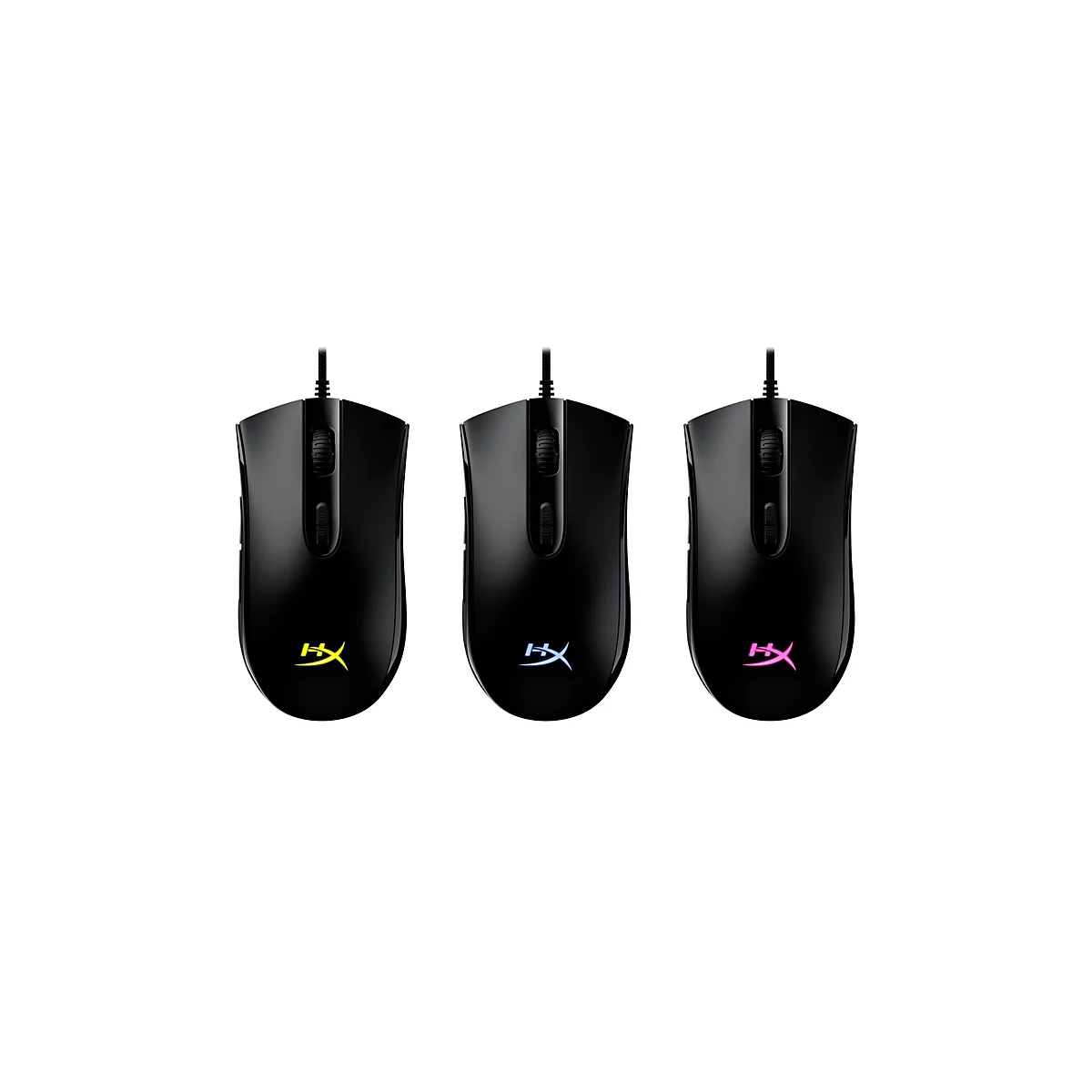Trois souris d'ordinateur noires avec des logos colorés et des câbles sur fond blanc. Chaque souris a une couleur de logo différente.