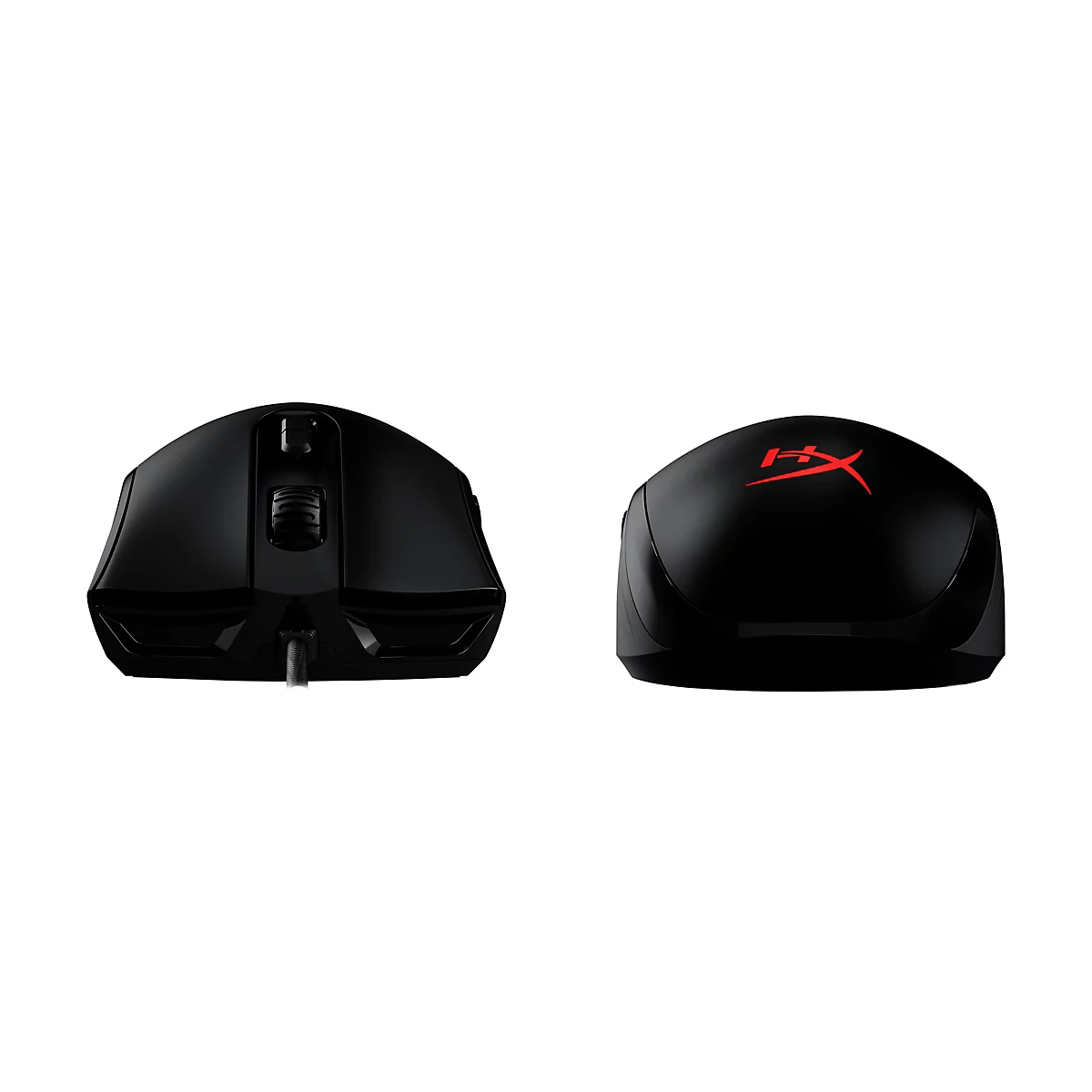 Souris de jeu noire avec logo HyperX, deux vues.