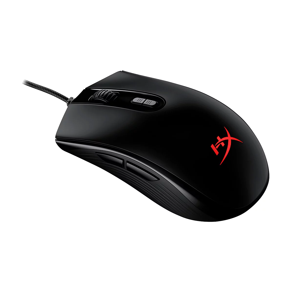 Souris de jeu noire avec logo rouge. La molette de défilement, les boutons, le connecteur de câble et les boutons latéraux du pouce sont visibles.