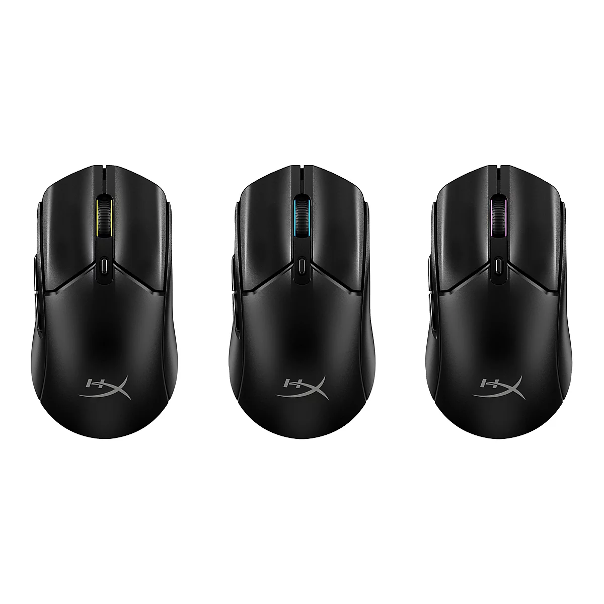 Trois souris d'ordinateur noires côte à côte. Chaque souris a une molette de défilement éclairée. Les couleurs sont le jaune, le bleu et le rose.