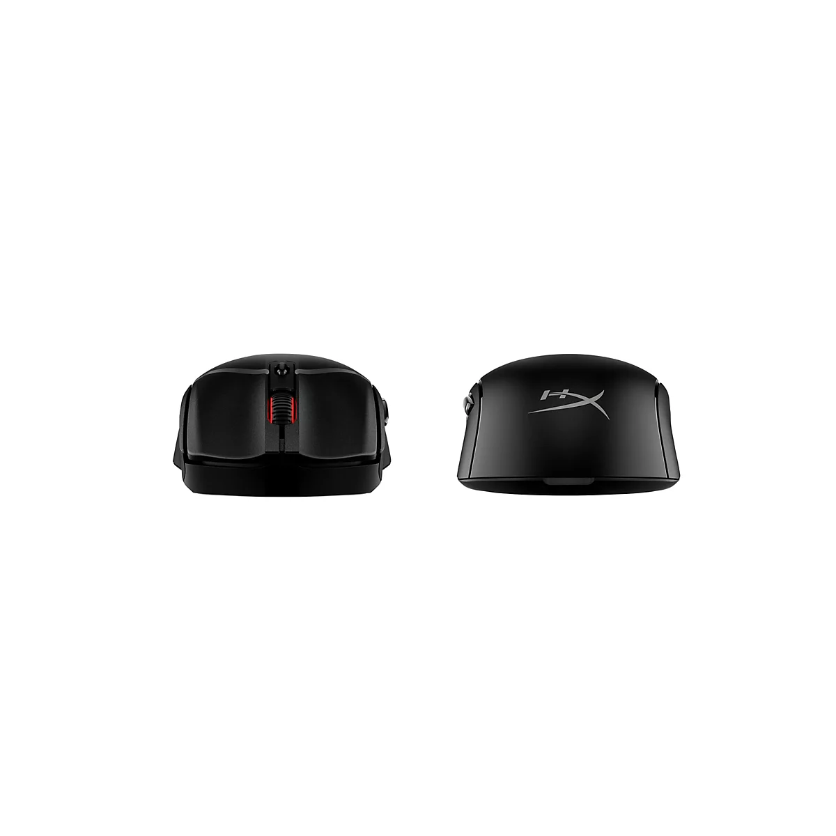 Deux souris d'ordinateur noires sur fond blanc. La souris de gauche montre l'avant, celle de droite le dessus avec le logo HyperX.