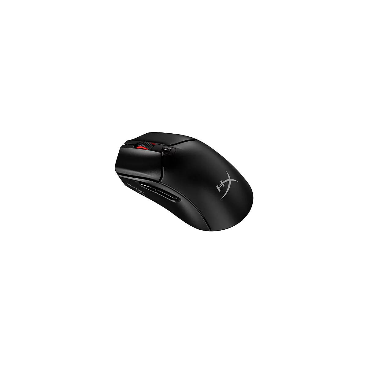 Souris de jeu noire avec molette rouge et logo argenté sur fond blanc.