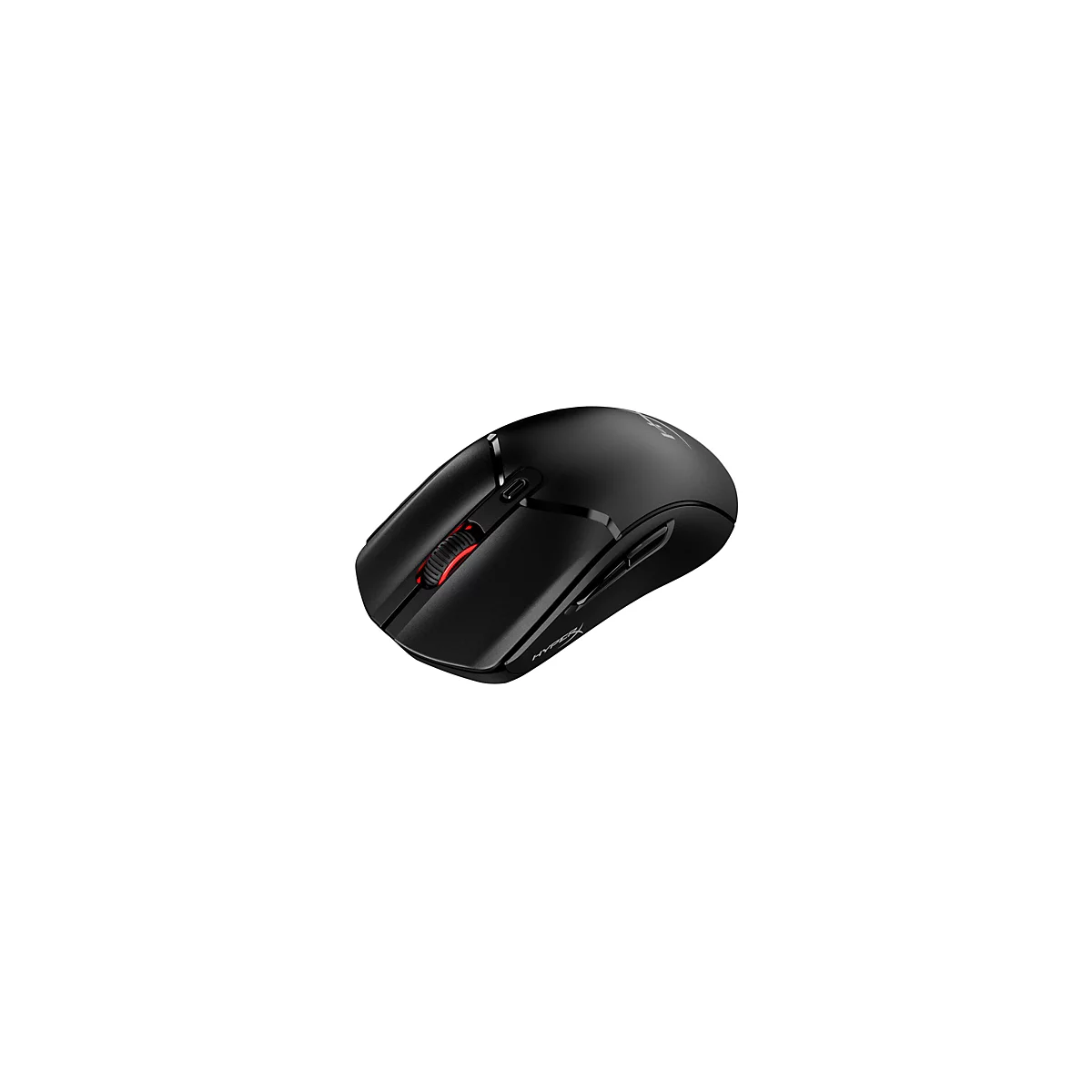 Souris d'ordinateur noire avec molette de défilement rouge, logo HyperX. Le fond est blanc.