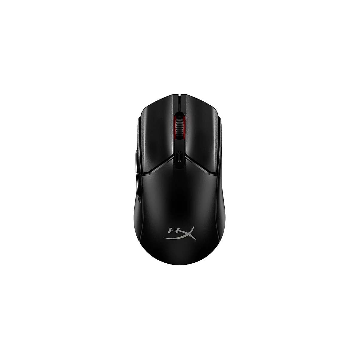 Souris de jeu noire avec molette de défilement rouge sur fond blanc. Le logo HyperX est visible.