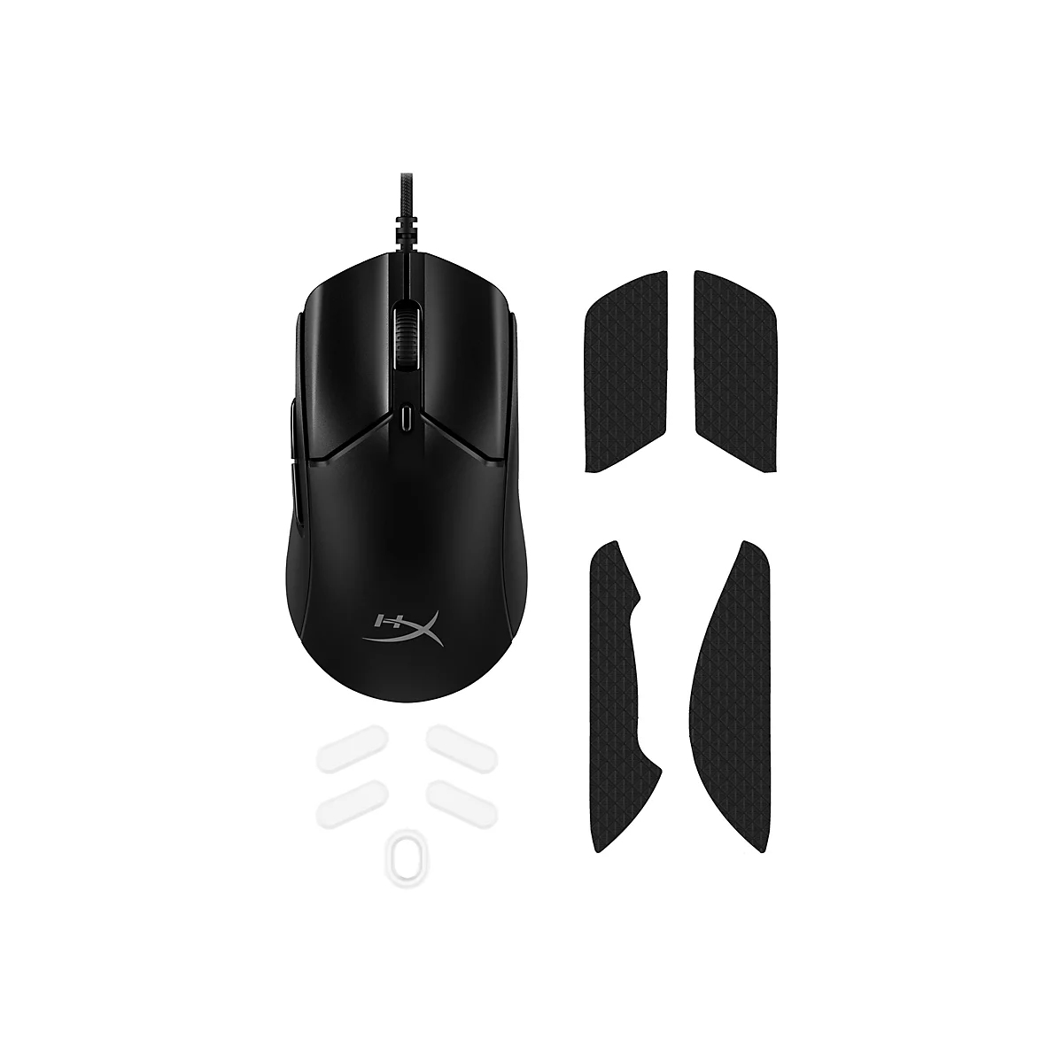 Souris de jeu noire avec accessoires, fond blanc. Souris, autocollants et pièces détachées.