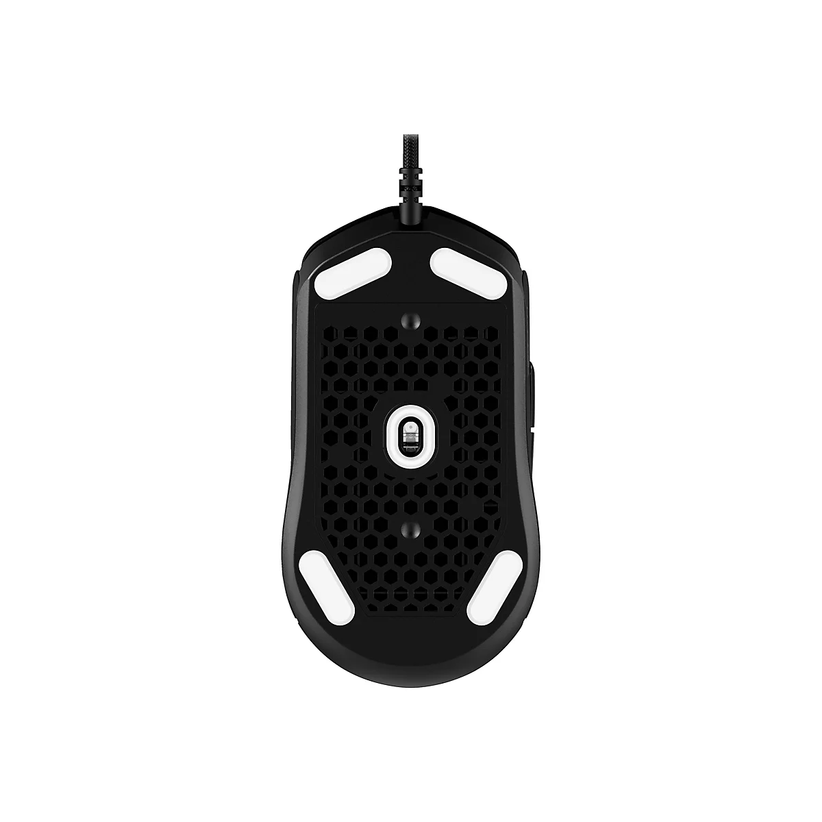 Vue de dessus d'une souris de jeu noire avec des surfaces de glissement blanches et un motif en nid d'abeille. Le câble est fixé en haut.