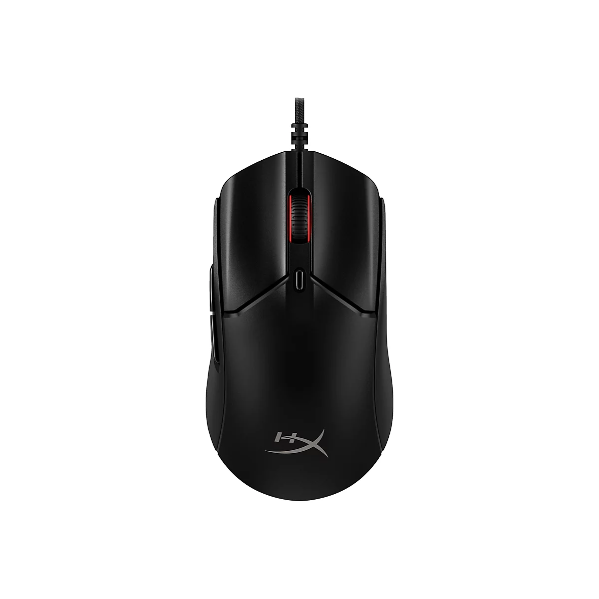 Souris de jeu noire avec molette rouge et câble. Le logo HyperX est affiché en bas.