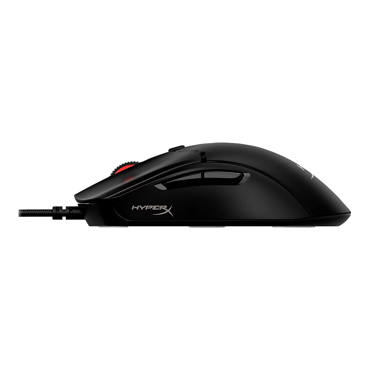 Souris de jeu noire avec molette de défilement rouge et logo. Sur fond blanc.