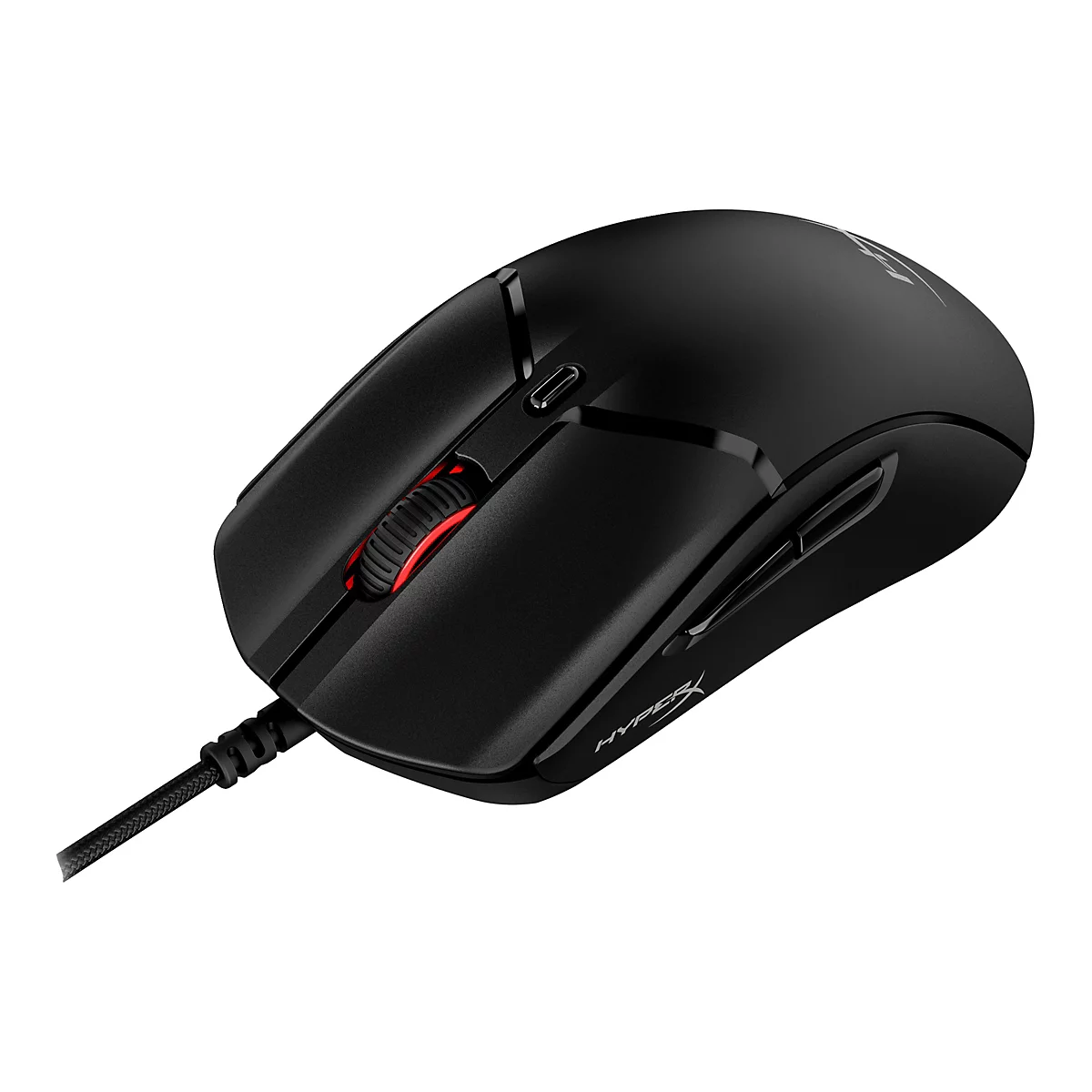Souris de jeu noire avec molette rouge et câble. Le logo "HyperX" est visible.