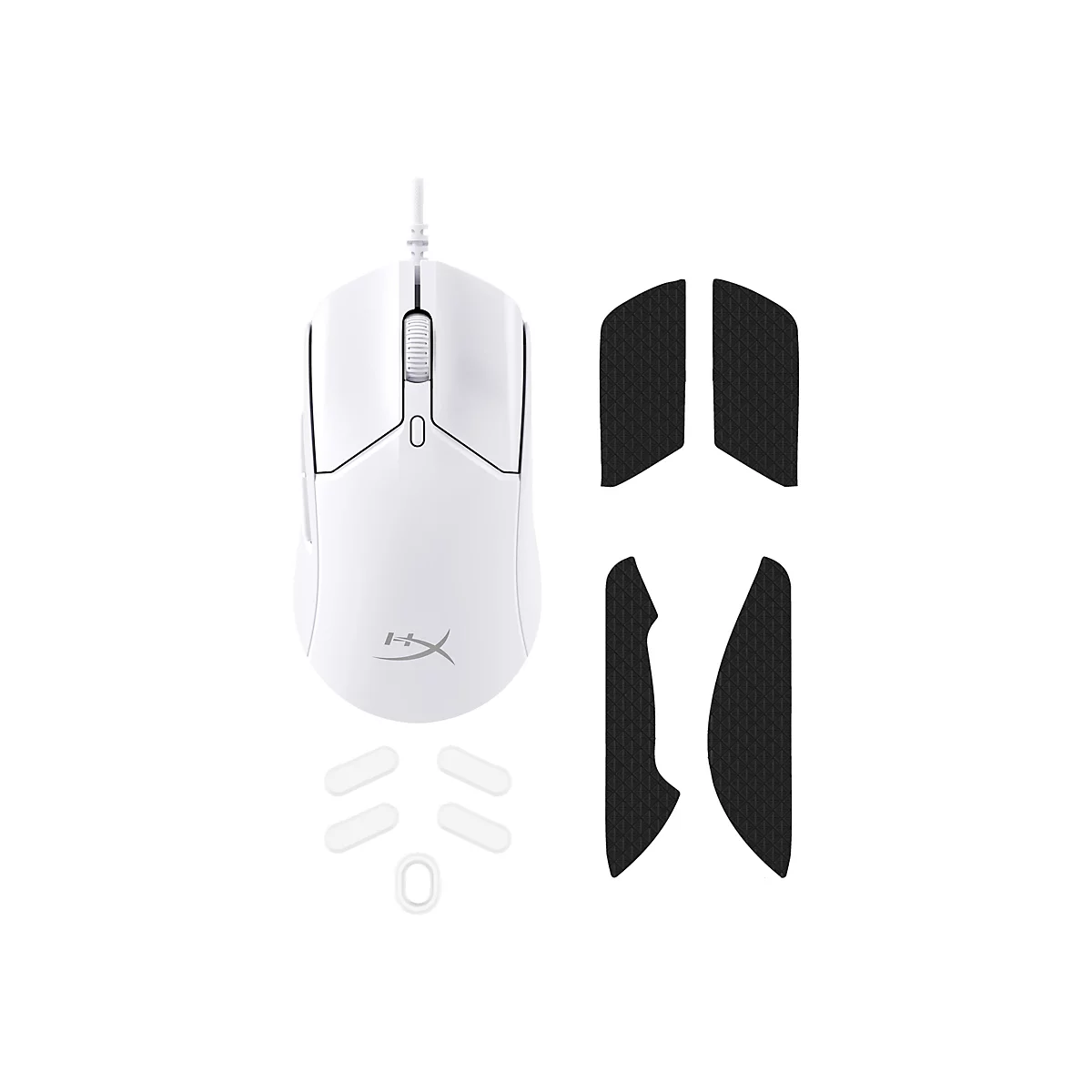 Ein weißer Gaming-Maus mit Zubehör auf weißem Hintergrund. Die Maus ist mit schwarzem Kontrast versehen. Neben der Maus sind schwarze Griffpads.