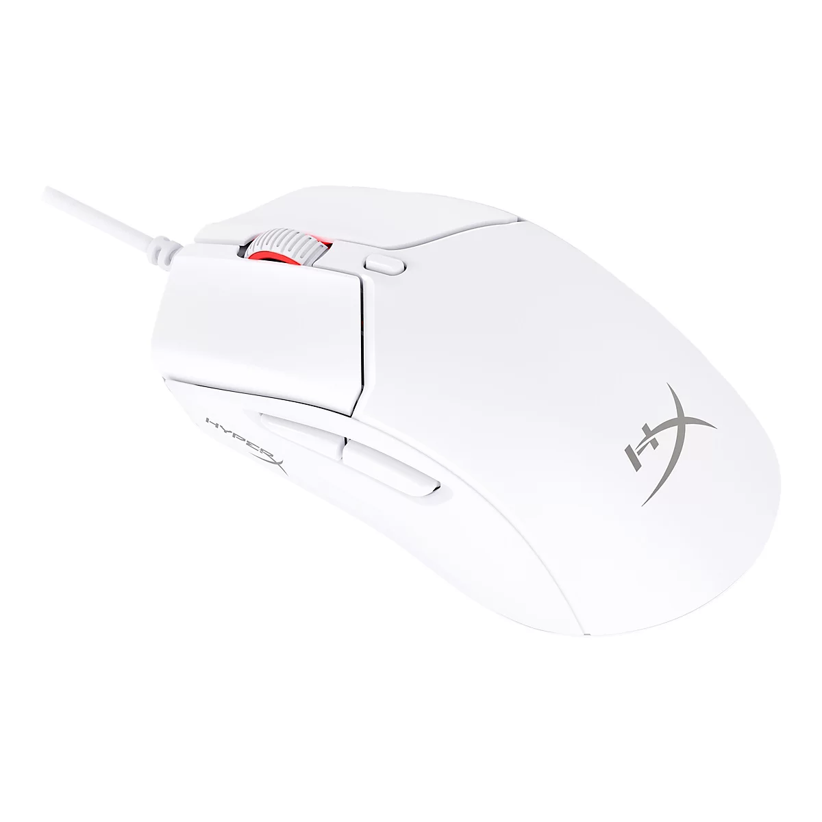 Weisse Gaming-Maus mit rotem Scrollrad, HyperX-Logo und Kabel.
