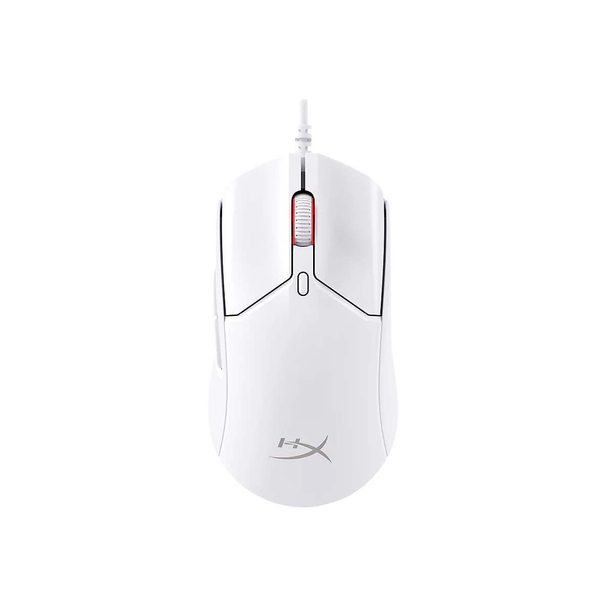 Weisse Gaming-Maus, die von oben fotografiert wurde. Das Scrollrad ist rot, das Logo des Herstellers ist sichtbar.