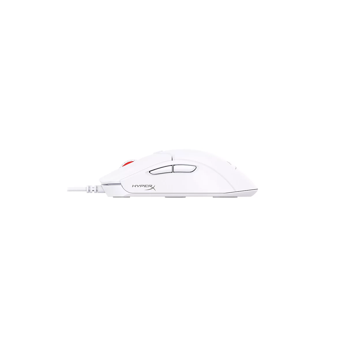 Weiße Gaming-Maus mit Kabel; rote Akzente und Logo. Detailansicht.