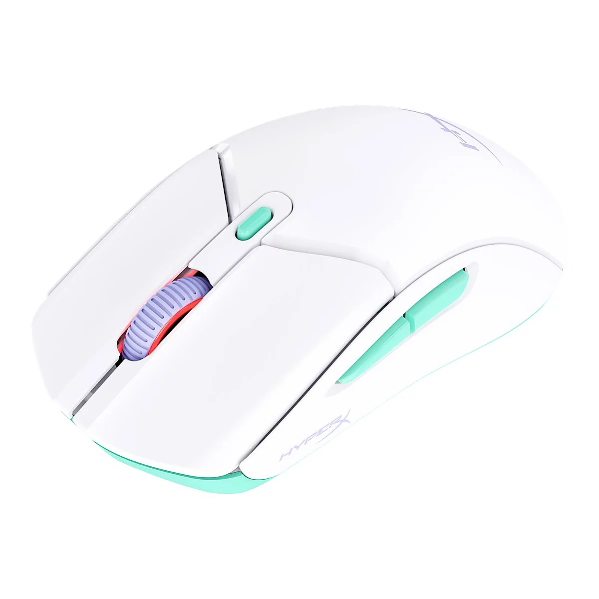 Une souris d'ordinateur blanche avec des touches vert clair. La molette de défilement est violette et rouge.
