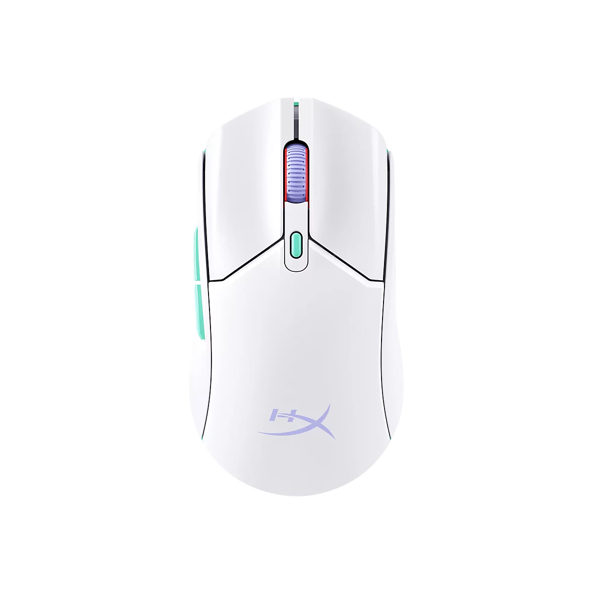 Vue de dessus d'une souris de jeu blanche. La souris a des accents turquoise et violets.
