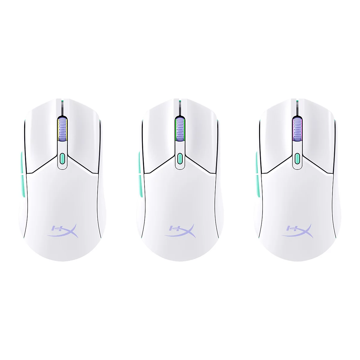 Trois souris de jeu blanches sur fond blanc. Chaque souris a une molette de défilement éclairée, les boutons de la souris sont verts.