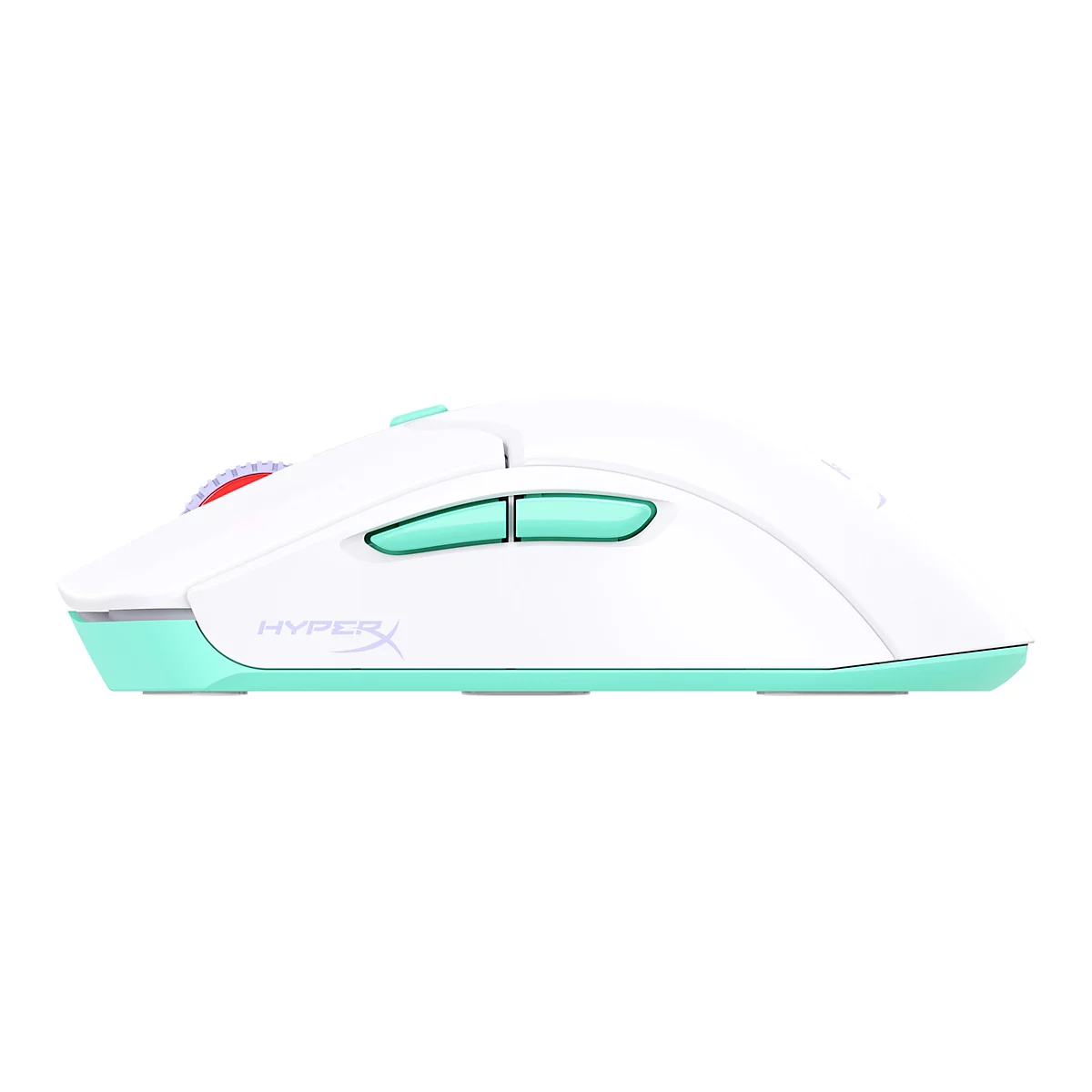 Vue de dessus d'une souris de jeu HyperX blanche avec des accents turquoise et le logo HyperX.