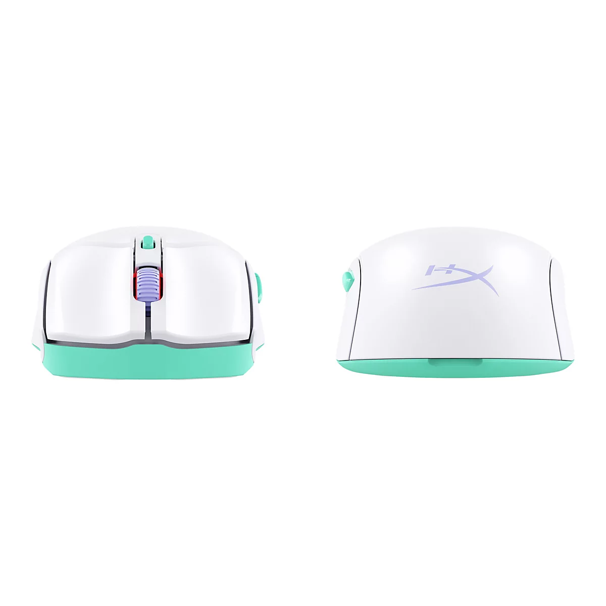 Deux vues d'une souris de jeu blanche avec des accents turquoise. La souris affiche le logo HyperX et une roulette.