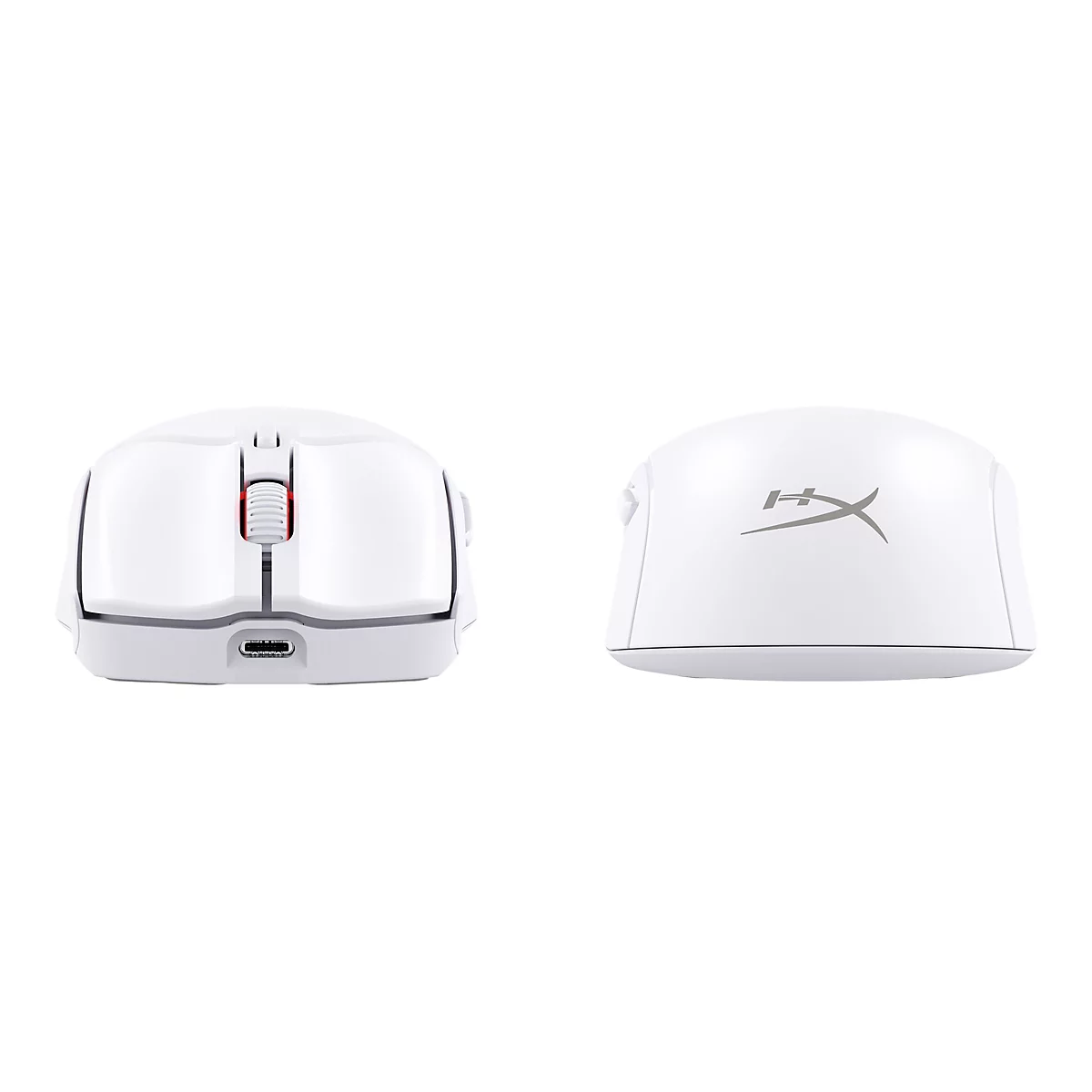 Zwei Ansichten einer weißen Computermaus. Links, vorne, zeigt die Maus ein Scrollrad und Ladeanschluss. Rechts die Oberseite mit Logo.