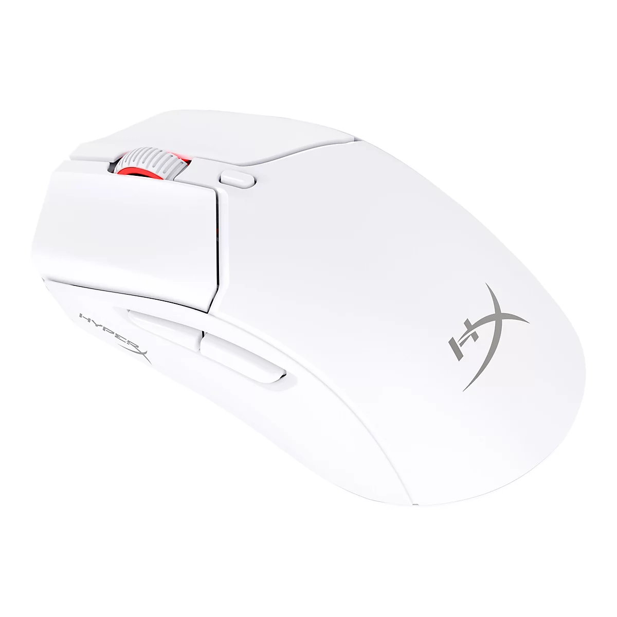 Weiße Gaming-Maus von HyperX. Rotes Mausrad, graues Logo auf der Oberfläche.