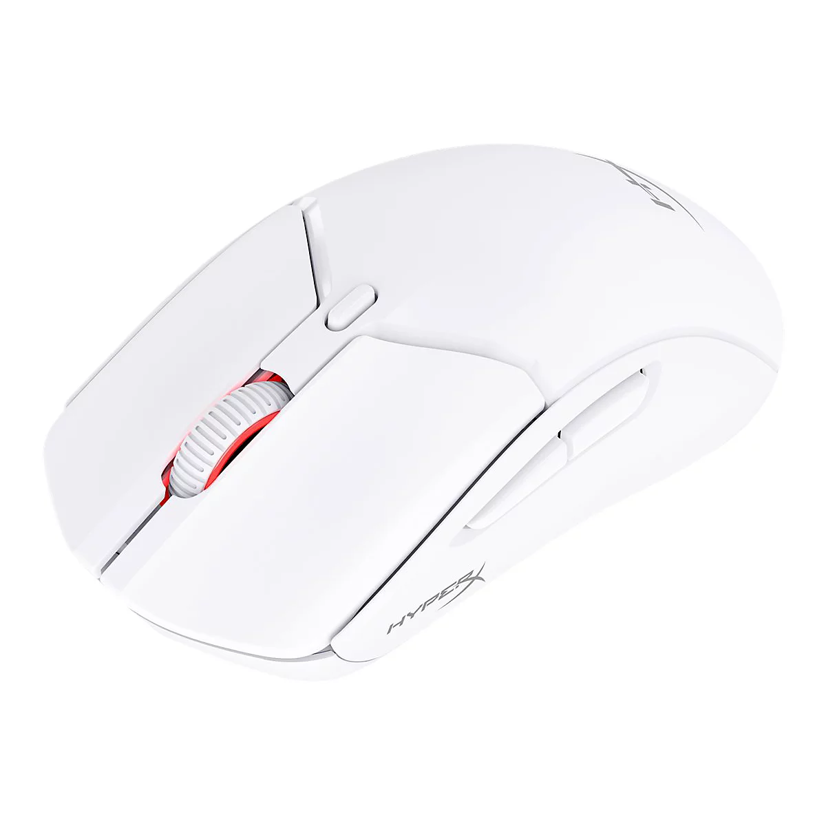 Weiße Computermaus, rotes Mausrad und HyperX Logo.
