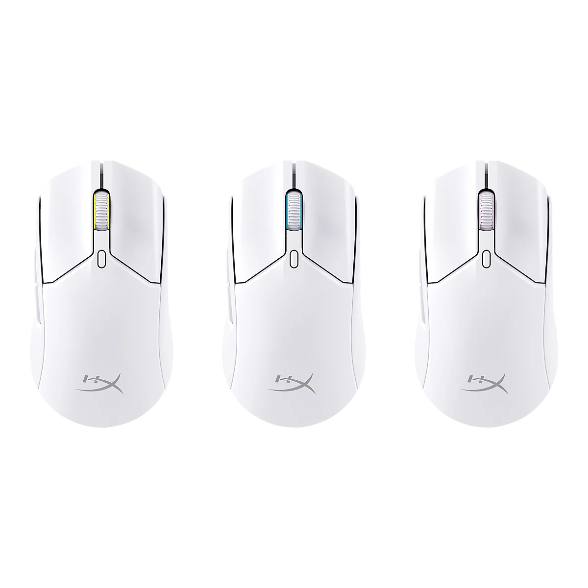 Drei weiße Gaming-Mäuse mit farbigen Scrollrädern. Links gelb, Mitte blau, rechts pink. HyperX-Logo unten.
