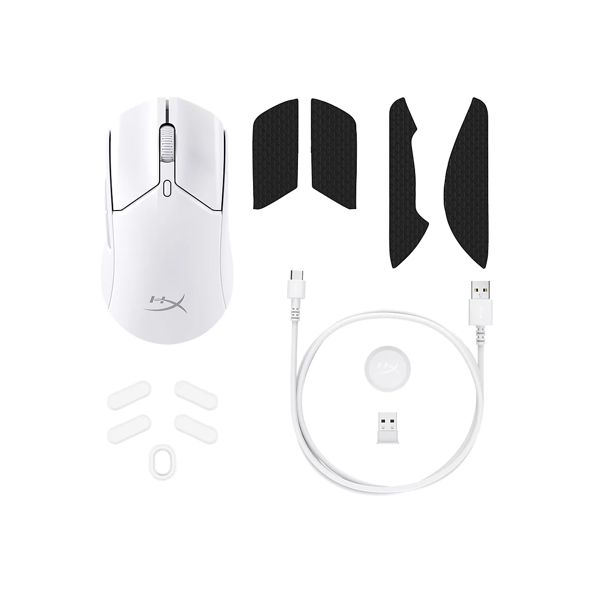 Weisse Gaming-Maus mit Zubehör: Maus, Aufkleber, Kabel und Zubehör.