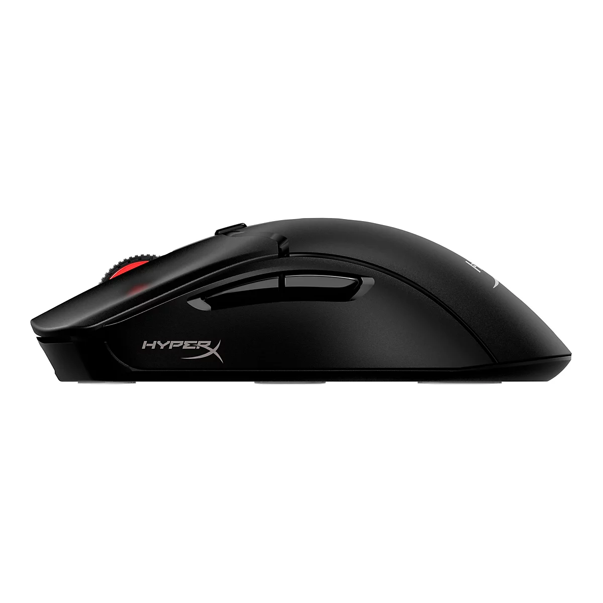 Schwarze Gaming-Maus mit rotem Scrollrad. Seitlich ist der Schriftzug HyperX zu sehen.