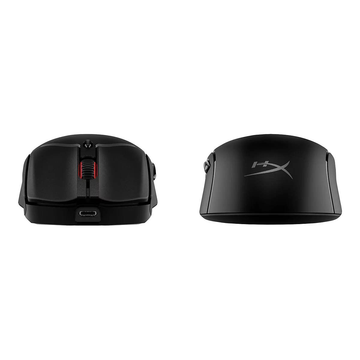 Schwarze Gaming-Maus, Vorder- und Draufsicht. Sichtbar: Scrollrad, Seitentasten, HyperX-Logo.