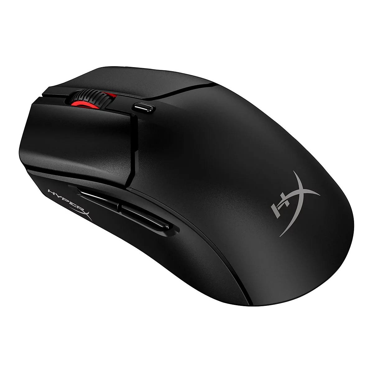 Schwarze Gaming-Maus mit rotem Scrollrad und HyperX-Logo. Auf weißem Hintergrund.