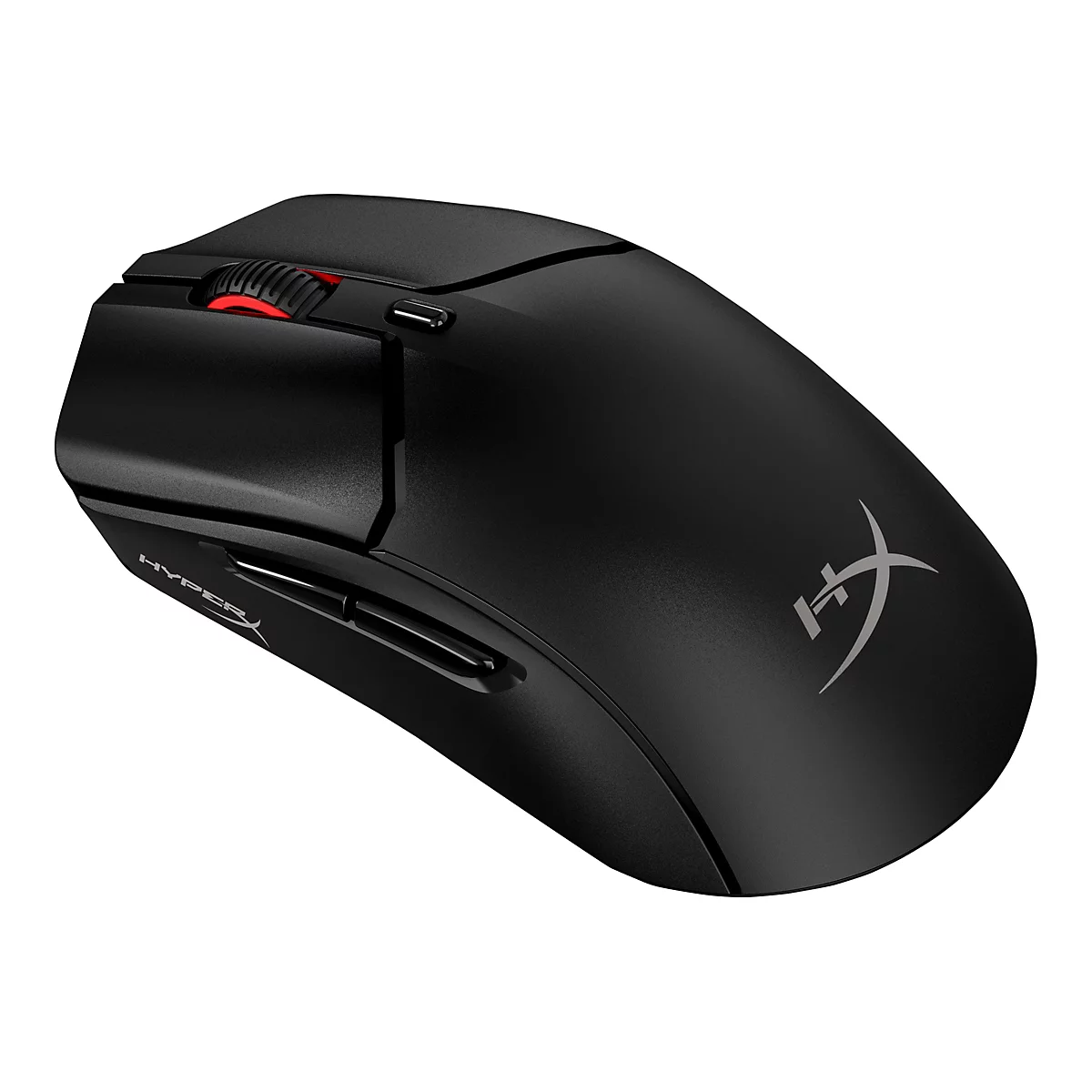 Schwarze Gaming-Maus mit roten Akzenten und Logo. Die Maus hat ein Scrollrad und Seitentasten.