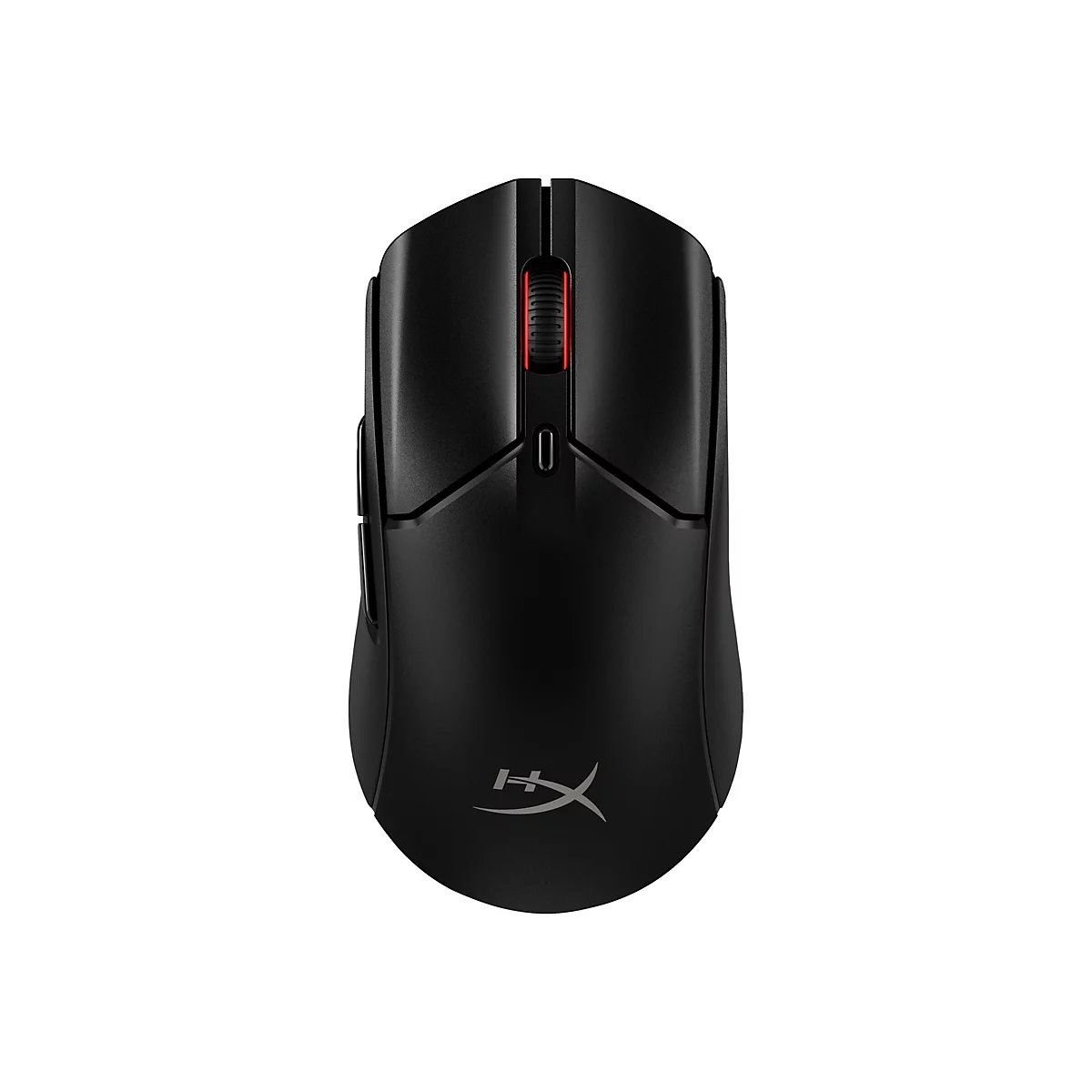 Schwarze Gaming-Maus mit rotem Scrollrad und HyperX-Logo. Der Hintergrund ist weiß.