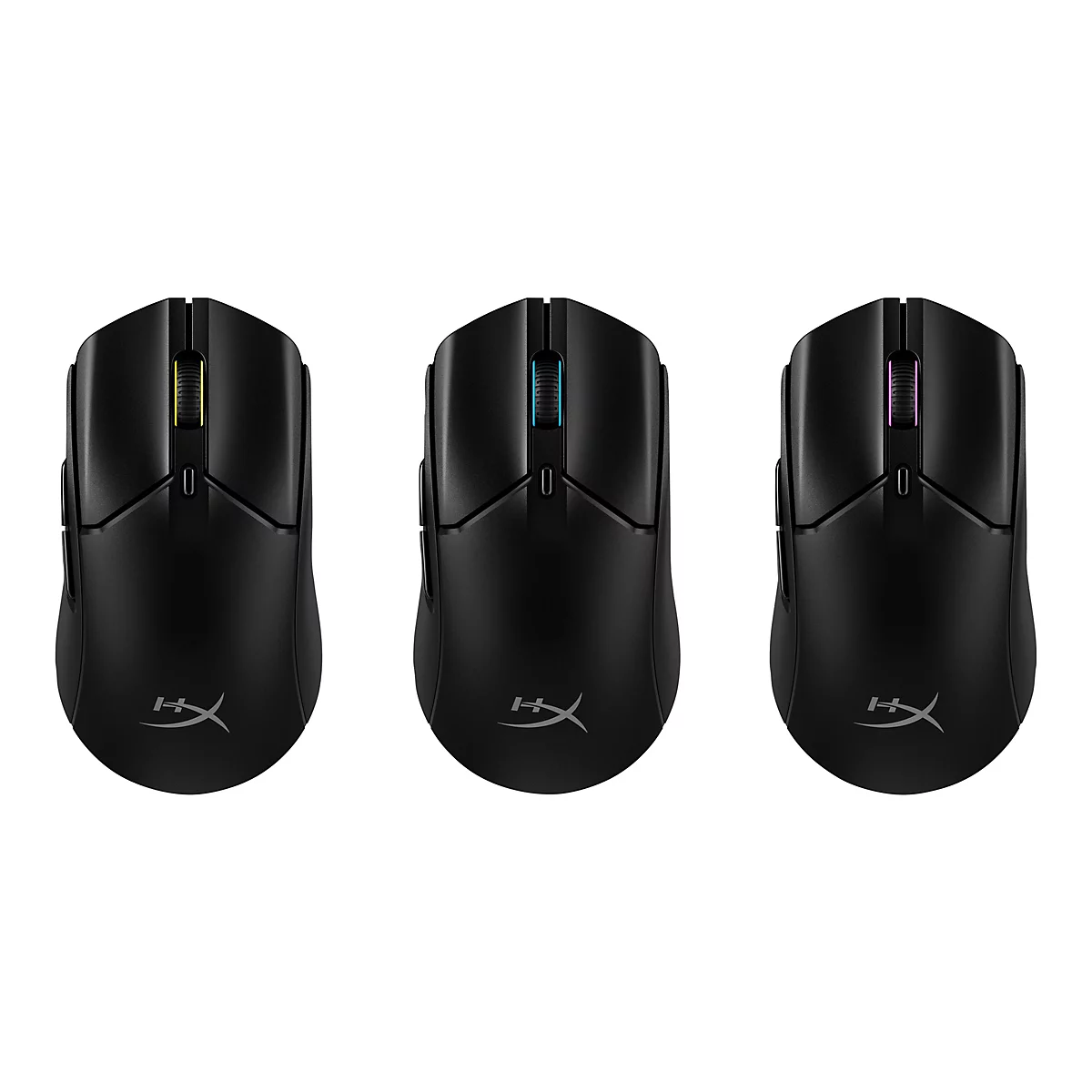 Drei schwarze Gaming-Mäuse nebeneinander; die Scrollräder leuchten gelb, blau und pink.