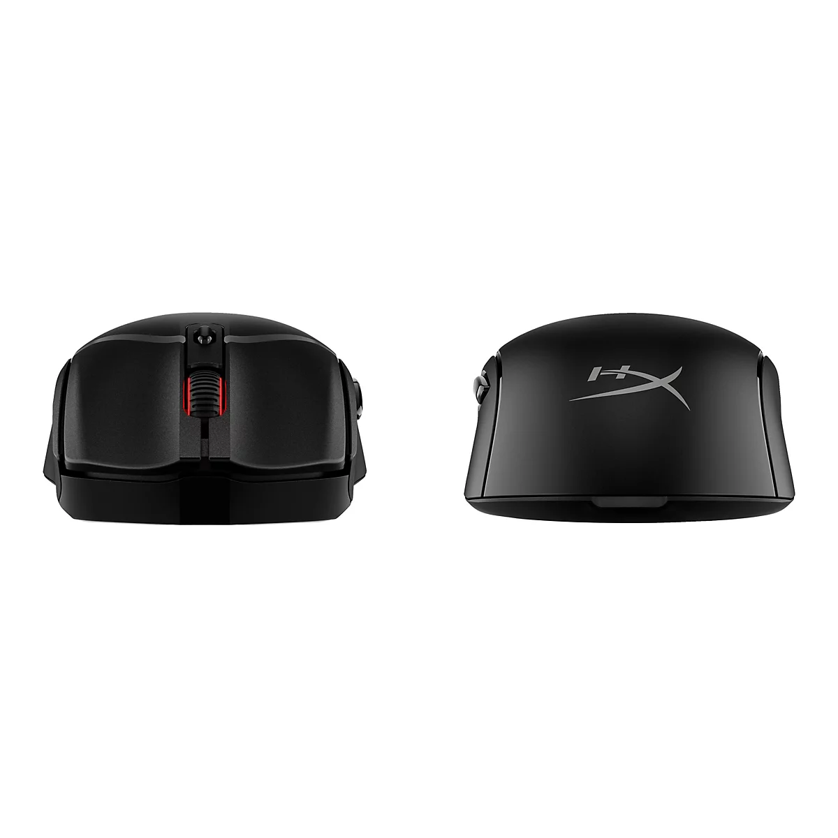 Zwei schwarze Mäuse vor weißem Hintergrund. Auf der einen Maus ist das HyperX-Logo, auf der anderen ein rotes Scrollrad zu sehen.