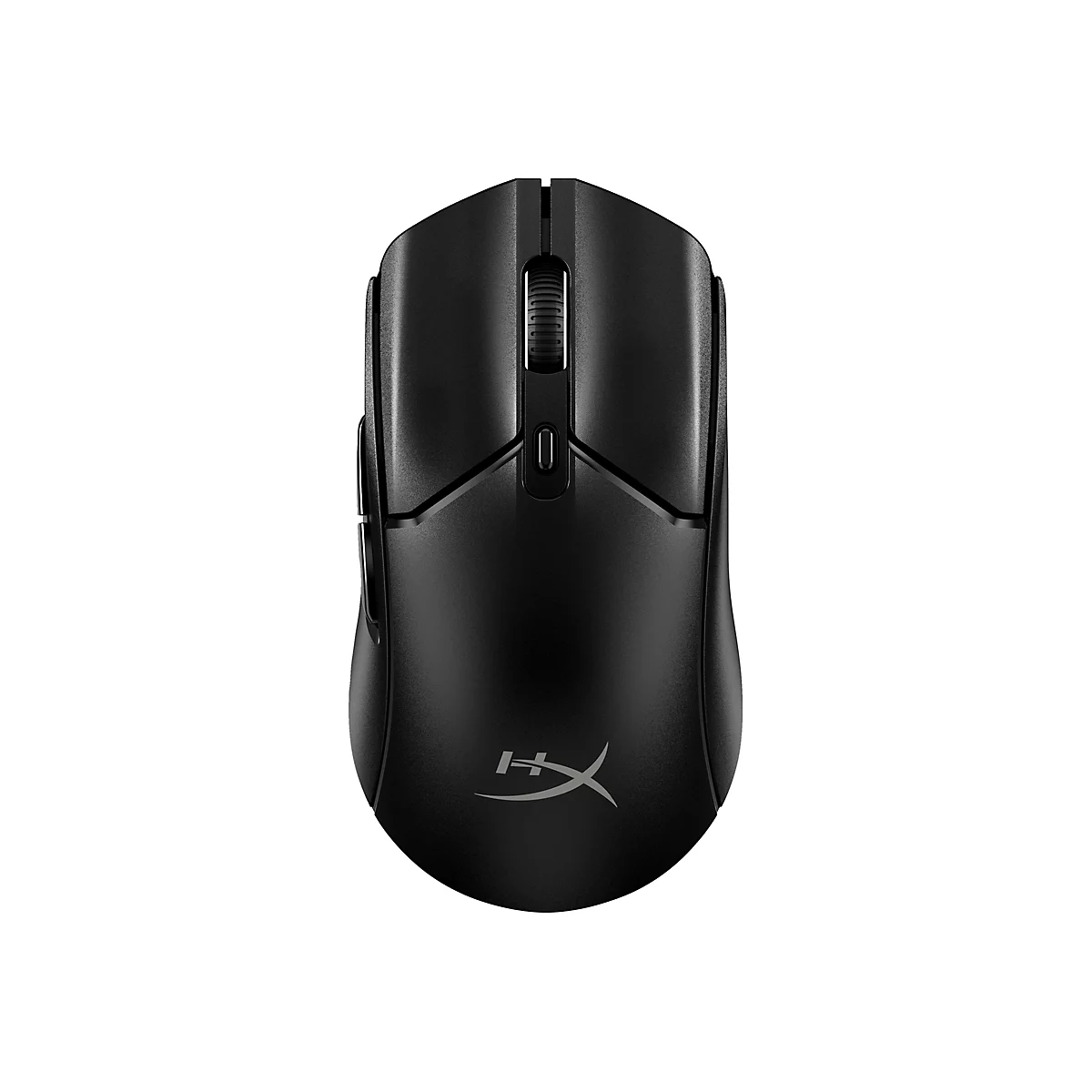 Schwarze Gaming-Maus, Draufsicht. Oben ein Scrollrad, darunter eine Taste. Auf der Unterseite ein Logo.