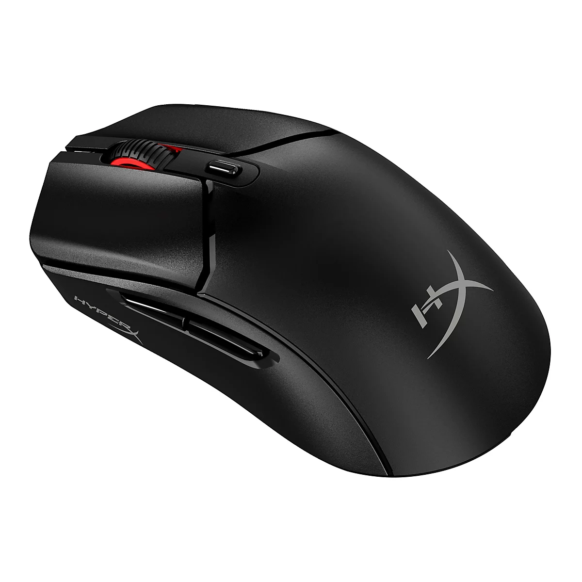 Schwarze Gaming-Maus von HyperX. Scrollrad und Logo in Hellgrau.