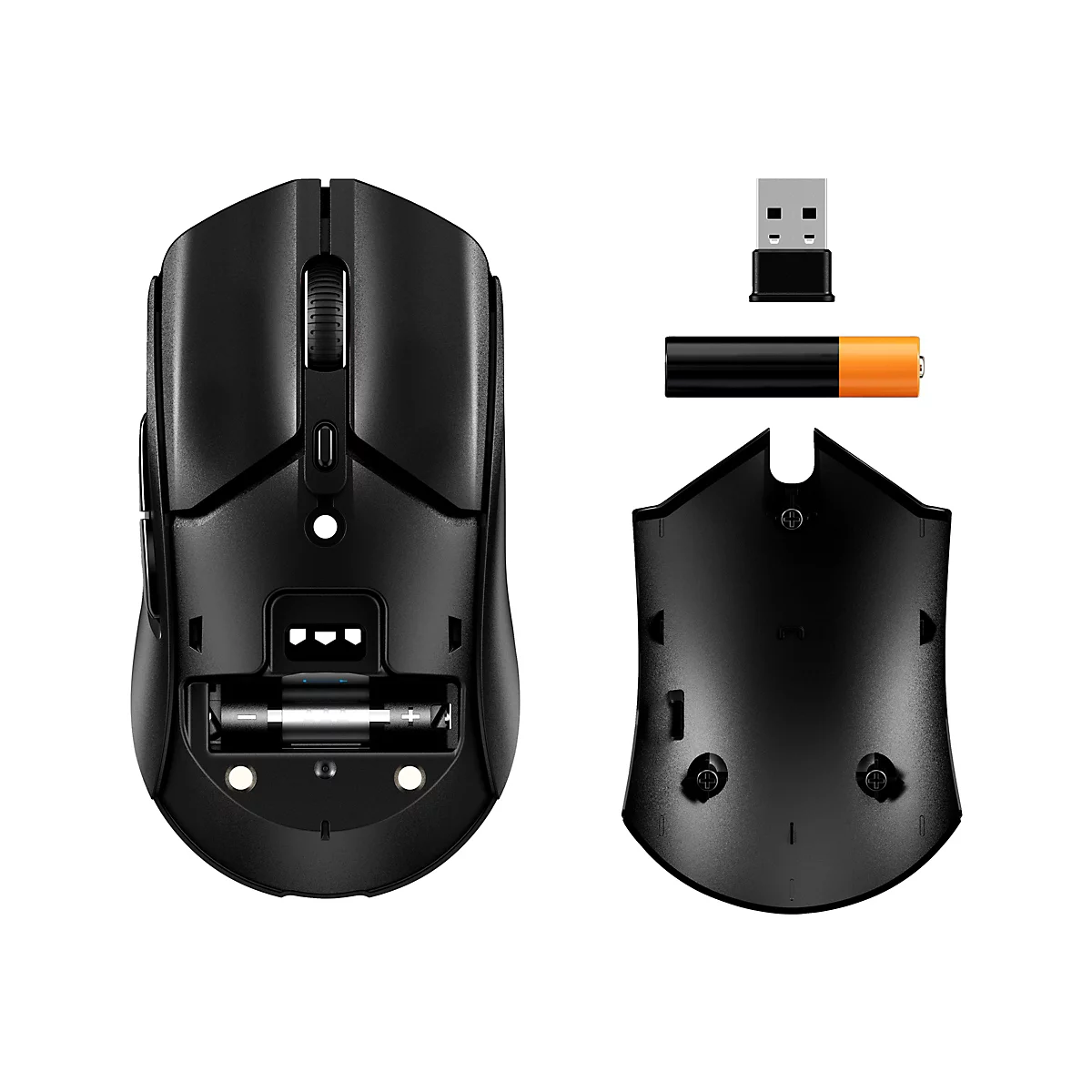 Schwarze Maus mit offenem Batteriefach, daneben: USB-Empfänger, Batterie, Rückseite der Maus.