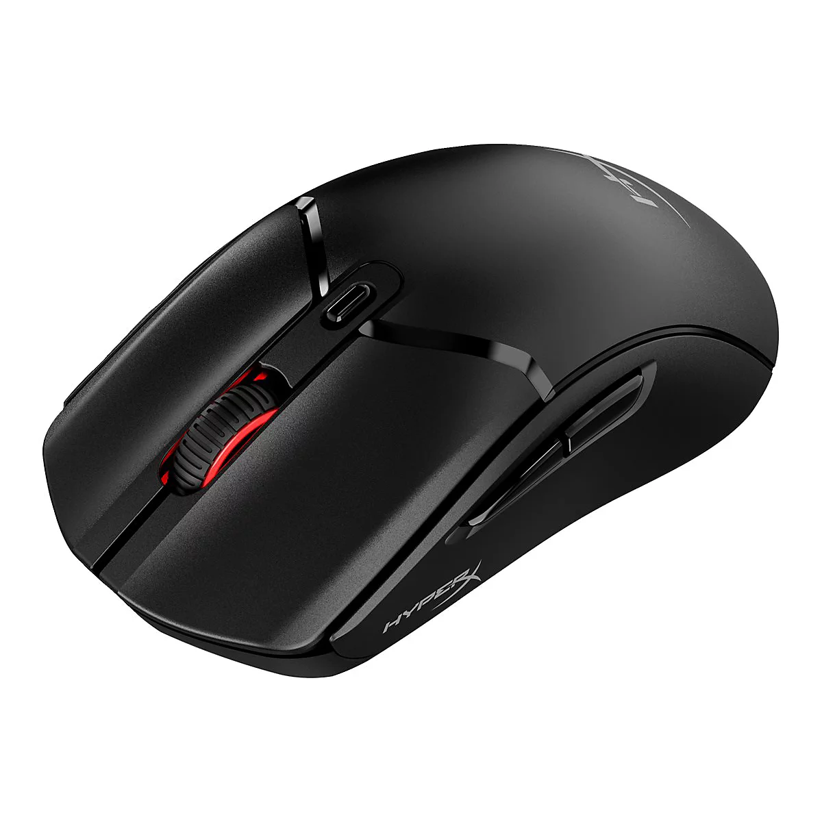 Schwarze Gaming-Maus mit rotem Mausrad, HyperX-Logo.