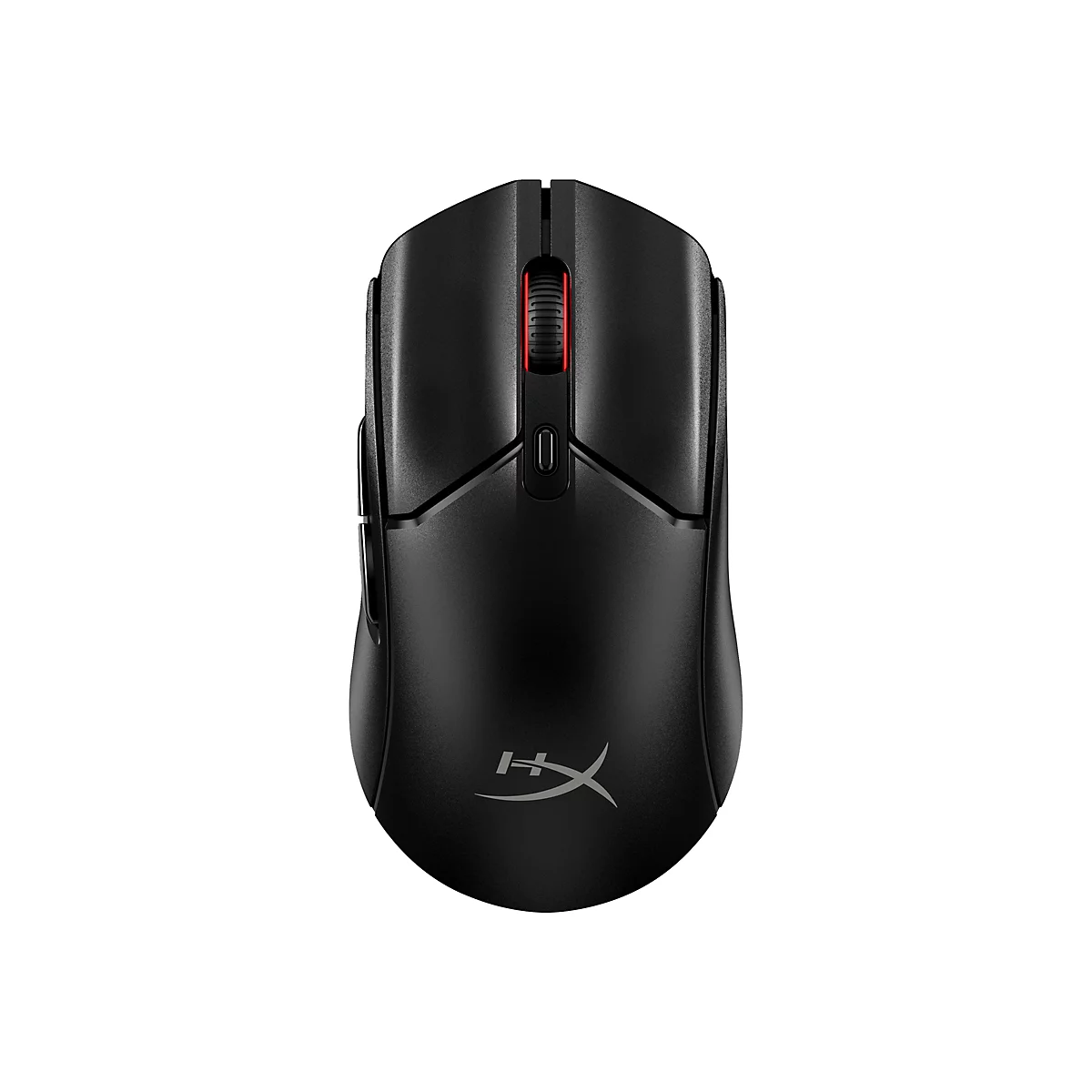 Schwarze Computermaus, von oben gesehen. Auf der Maus befindet sich ein rotes Scrollrad und ein Logo.
