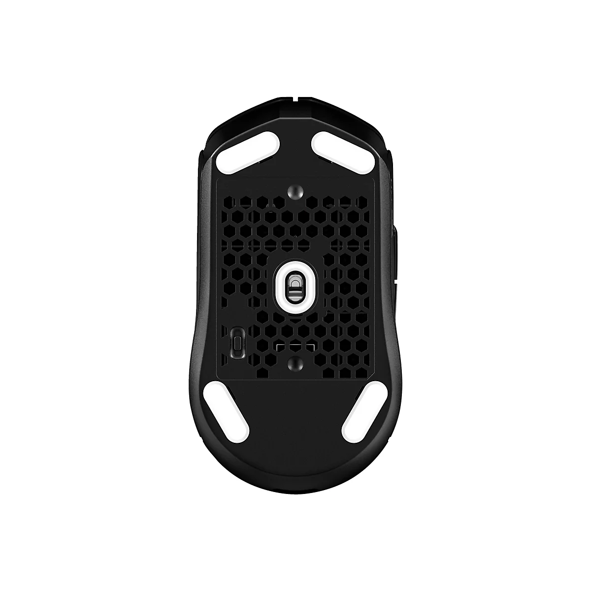 Draufsicht auf eine schwarze Maus. Weiße Gleitpads, hexagonale Löcher und mittig das Logo.