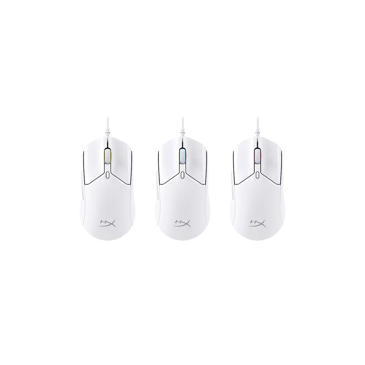 Trois souris de jeu blanches avec des molettes colorées sur fond blanc. Chaque souris porte le logo HyperX.